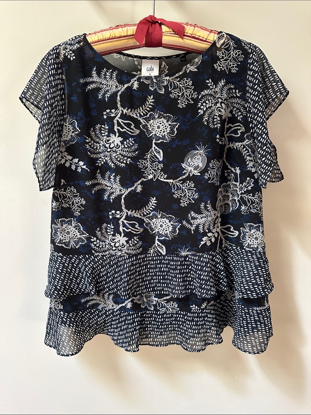 CAbi Navy and White Floral Tiered Flutter Blouse